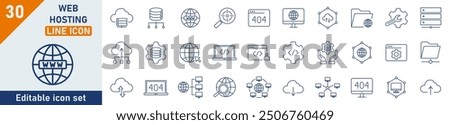 Web Hosting line icon set. Set of 30 outline icons related to server, data, domain, internet, and more. Linear icon collection. Web Hosting outline icons collection. Editable stroke.