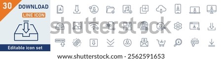 Download line icon set. Set of 30 outline icons related to download, download file, arrow, link, folder, cloud storage, web button and others. Editable stroke. Vector illustration.