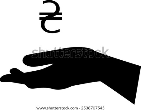 Silhouette of Ukrainian hryvnia sign above an outstretched hand. Vector illustration in black color with transparent background