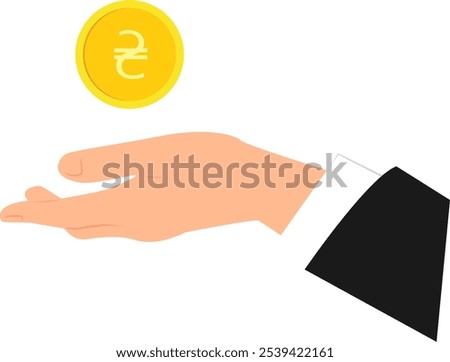 Gold coin with Ukrainian hryvnia sign above outstretched palm of hand wearing in business suit. Vector illustration with transparent background