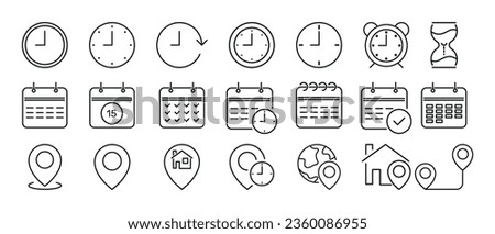 Time, date and address concept editable stroke outline icons set isolated on white background flat vector illustration.