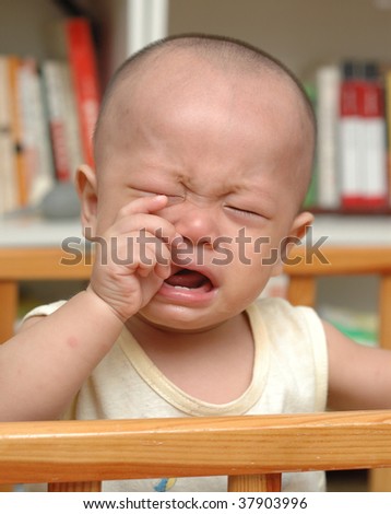 it is a cute chinese baby, he is crying.  he is 9 months old.