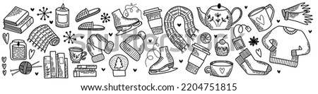 Line art set of vector elements. Pack of flat icons. Winter Hygge collection, symbol of snow, outside sports and cozy home time. Hand drawn doodle outline design for package, banners and cards.