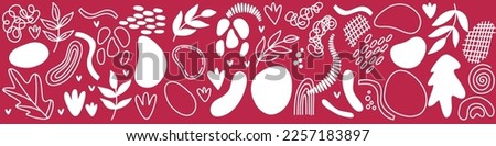 Vector abstarct shapes. For surface design, printing on paper and fabric. Handdrawn waves, shapes, circles, flowers, leaves, branches. For social media post design
