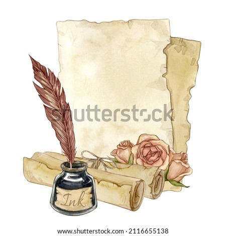 Watercolor illustration of old paper sheets, scrolls, roses, feather pen and inkwell isolated on white background. Collection of hand drawn illustrations. Can be used in cards, flyers and invitations