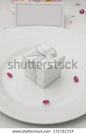 Wedding Table display with wedding Favor box on a bone china plate