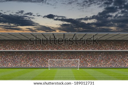 computer generated football stadium stand with crowd, goal posts and football pitch