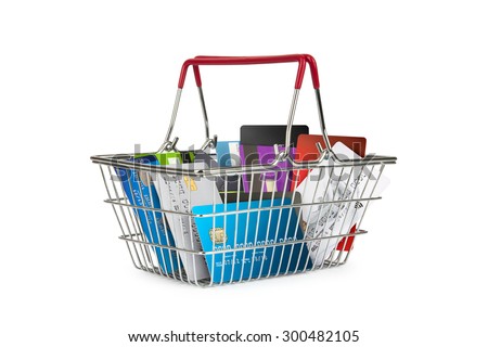 A selection off credit cards,bank cards and store cards in a shopping basket