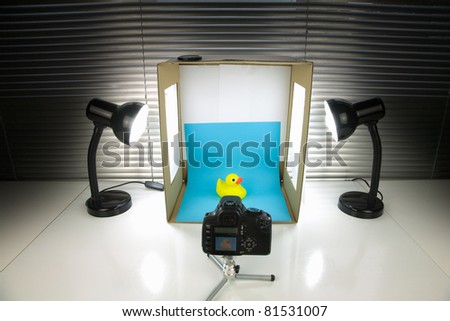 Home made still life photography studio using a cardboard box and desk lamps.