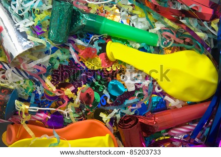Close up shot of party decorations,Party Poppers,Horn Blowers,streamers,Balloons,