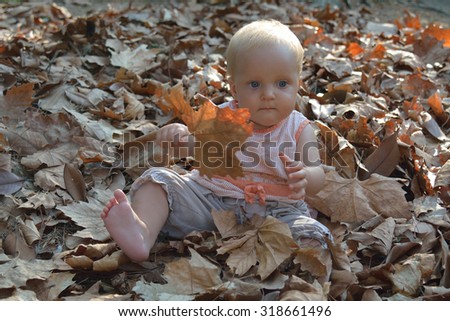 Small baby playing in autumn leaves in sunny weather