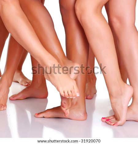 Group of young harmonous women shows the long sexual feet, isolated on a white background, please see some of my other parts of a body images