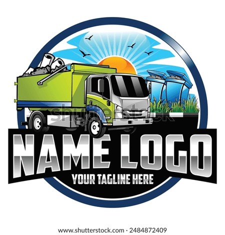 Modern garbage truck illustration. Illustration vector graphic of junk removal solution services logo design template. Junk truck logo design