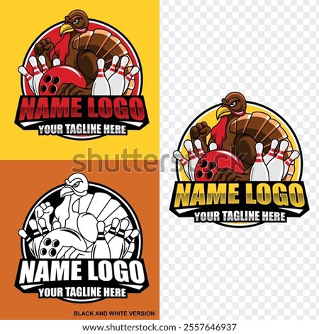 Turkey mascot and sport object logo. Illustration of Turkey playing bowling mascot logo. Professional bowling tournament badge logo design