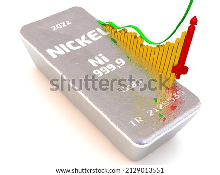The rise in the value of nickel. One ingot of 999.9 Fine Nickel and a graph of rapid growth with conceptual red rocket. 3D illustration Foto d'archivio © 