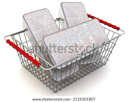 Buying nickel bullions. There are three ingots of 999.9 Fine Nickel in the grocery basket on a white surface. 3D illustration Foto d'archivio © 