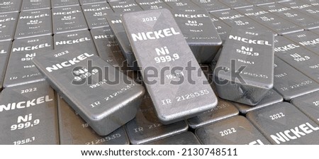 The highest standard nickel bullions. Lots of ingots of 999.9 Fine Nickel lie in a row. Background. 3D illustration Stockfoto © 