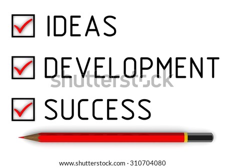 Business strategy: ideas, development, success. Red pencil and a checklist with red marks