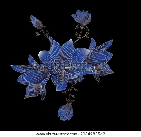 dark blue flowers background pattern with golden shiny lines Stok fotoğraf © 