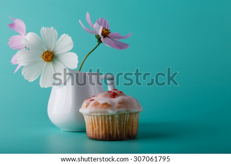 Colorful muffin with flower. Aqua color background
