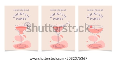 Collection of three cocktail glasses icon invitation illustration, flat minimalistic design.Set of Invitations for cocktail party