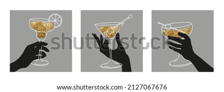 Set of woman’s hands holding cocktail glasses. Flat illustration for greeting cards, postcards, invitations, menu design. Outline drawing template with golden glitter