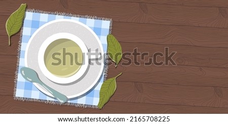 Tea cup and spoon on the table. Trendy top down view illustration with wooden background. Modern minimalistic hand drawn cafe space design for web card, banner.