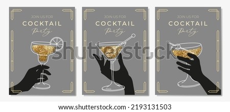 Outline illustration of woman's hand holding cocktail glass, vector. Invitation for party template. Line art margarita cocktail. Art deco concept design. Event, party, presentation, promotion, menu.