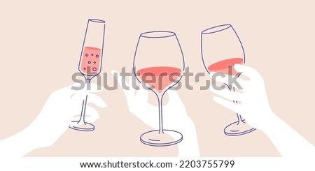 Outline drawing, cheers. Women’s hand holding glass of white, red and sparkling wine. Flat illustration for greeting cards, postcards, invitations, menu design. Line art template