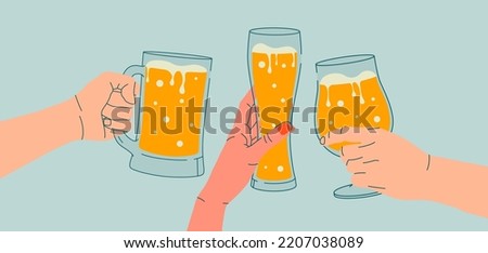 Outline drawing, cheers. Woman’s and man's hands holding glass of beer. Flat illustration for greeting cards, postcards, invitations, menu design. Line art template