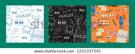Headphones, microphone, note list, tea, speech bubbles icons seamless pattern. Podcast recording and listening, online radio, audio streaming service concept. Hand drawn vector isolated illustrations.