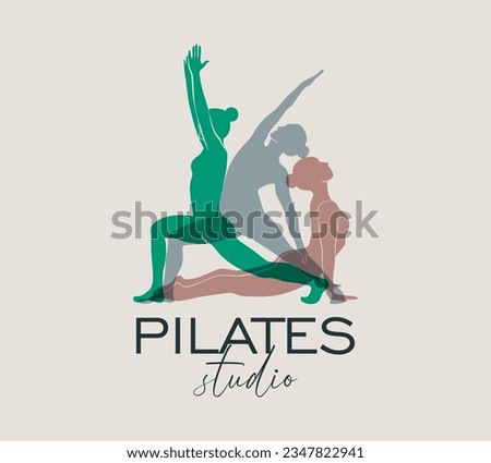 Woman doing Yoga, Pilates simple logo style icon. Slim girl doing pilates. Hand drawn colorful silhouette Vector illustration. Weight Loss. Health care and lifestyle concept. Female yoga.