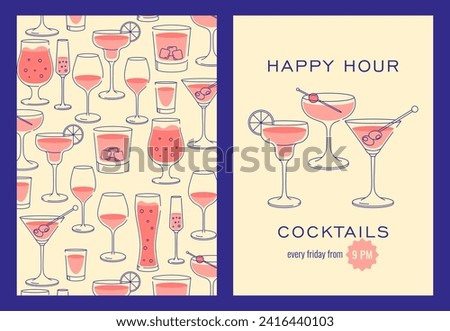 Modern flat happy hour cocktails prints set. Colorful background with cocktail glasses. Cafe, bar and restaurant concept poster and web banner. Vector illustrations.