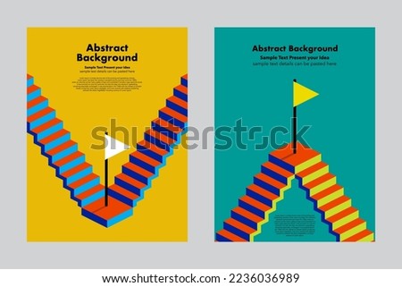 Abstract background geometric vector design, steps staircase up and down with yellow and white flag, leader winner, cover poster annual backdrop brochures flyers layout templates, successful, goal 