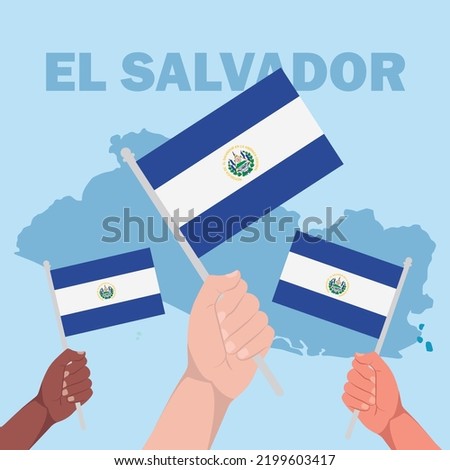 Diverse group of people holding El Salvador  Flags. Independence day celebration concept. Diverse people celebrating independence with their hands up raising flags from El Salvador.
