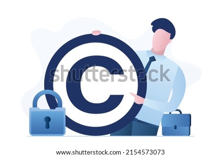 Businessman owner holds intellectual property sign with padlock. Patented protection, copyright reserved or product trademark that cannot copy. Protect business ideas and licenses. Vector illustration