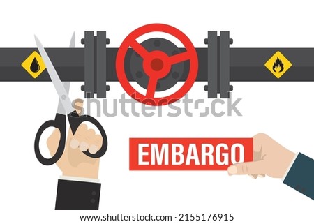 Hand of diplomat or politician cuts off oil pipeline with big scissors. Ban on import oil, gas. Embargo, sanctions. Trade, economic wars. Geopolitics, war and financial crisis. Vector illustration