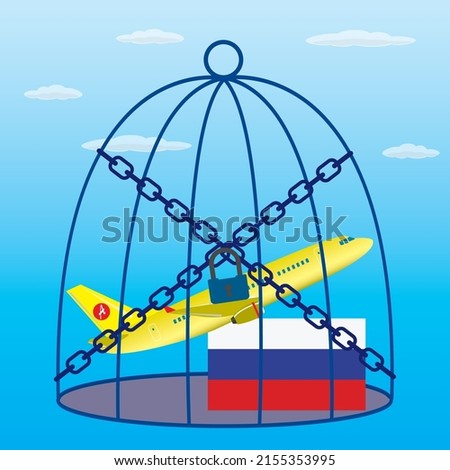 Airplane is closed in cage. Ban on international flights. Restriction of movement. Russian airlines under sanctions and flight ban. Yellow plane cannot take off. Chains and padlock on birdcage. Vector