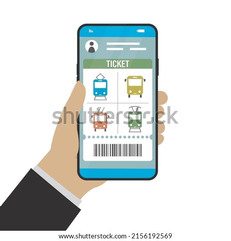 E-ticket for travel on metro, trolleybus and bus. Hand holds modern smartphone with transport application. Public transport digital pass with barcode. Technology for city travel. Vector illustration