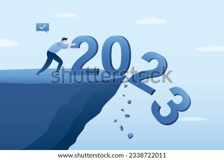 businessman throws numbers 2023 off cliff into abyss. The end of bad year, celebration of new year 2024. Hope for best, motivation, forecasting. Summing up business year. Annual report. flat vector