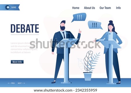 Debate before vote landing page . Leaders of opposing political parties talking on public debates. Two politicians debate on rostrum,electorate group. Gender equality poster. Election campaign banner.