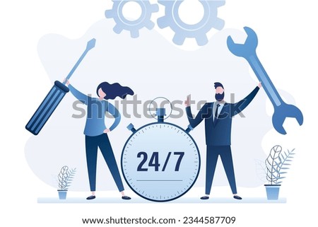 Technical support and repair concept banner. Business people hold screwdriver and wrench. Help 24 hours, big watch. Happy workers or employee with tools. Trendy style vector illustration