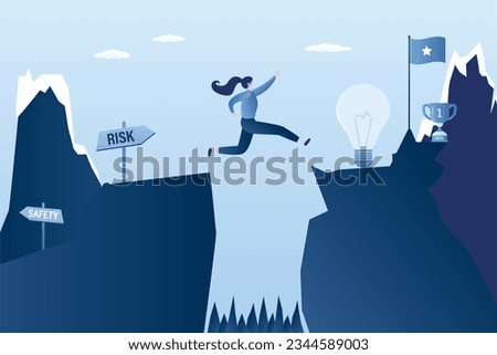 Businesswoman jumping over between the cliffs. Jump over an obstacle. Business risk, victory and success. Beauty female character in danger situation. New ideas search. flat vector illustration