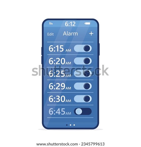 Alarm clock is set for different time to wake up, mobile phone application. Buttons sliders in On position. Smartphone app, morning alert. flat vector illustration