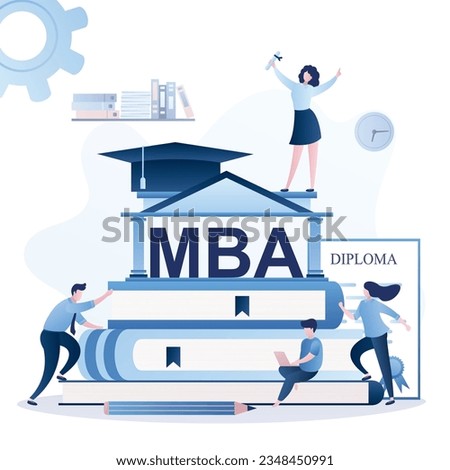 Group of various students, Skills Improvement, Online Education concept. Diploma of MBA degree. Pile of books, diploma and businesspeople. University or academy, big graduate hat on roof. flat ector