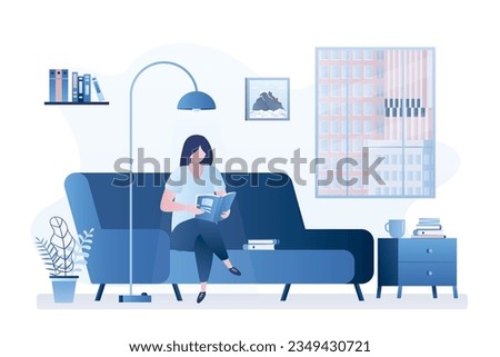 Beauty woman sitting on a sofa and reading book or magazine. Living room interior with furniture. Education or freelance at home or in coworking. Female character in trendy style. vector illustration