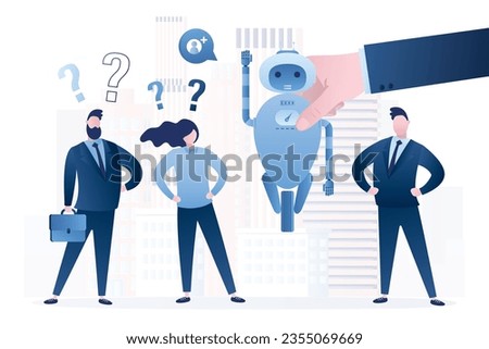 Hand of boss or HR agent adds chat bot or robot to team of workers. Replacing people with machines. Dissatisfied business people. Staff expansion, search for new employees, hiring. Team building.