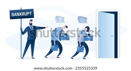 Businessman bankrupt dismiss group of employees. Dismissed business people. Fired office workers holds boxes with papers. Financial crisis and unemployment. Staff reduction concept. flat vector