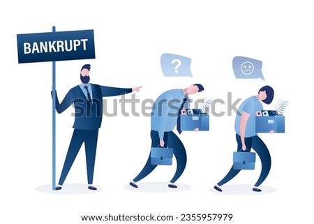 Businessman bankrupt dismiss group of employees. Dismissed business people. Fired office workers holds boxes with papers. Financial crisis and unemployment. Staff reduction concept. flat vector