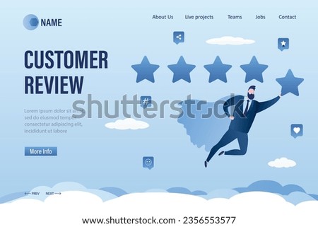 Customer review landing page template. Businessman looking like super hero flying with star. Five stars rating, high quality concept. Online survey, feedback. Trendy style vector illustration